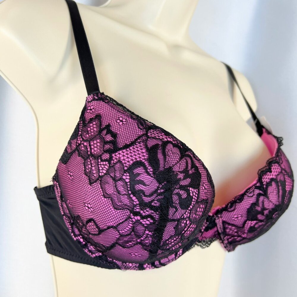 VS Bombshell Inspired Adds 2 Cups Ultimate Pushup Bra 32B Black Pink Lace - Picture 5 of 6